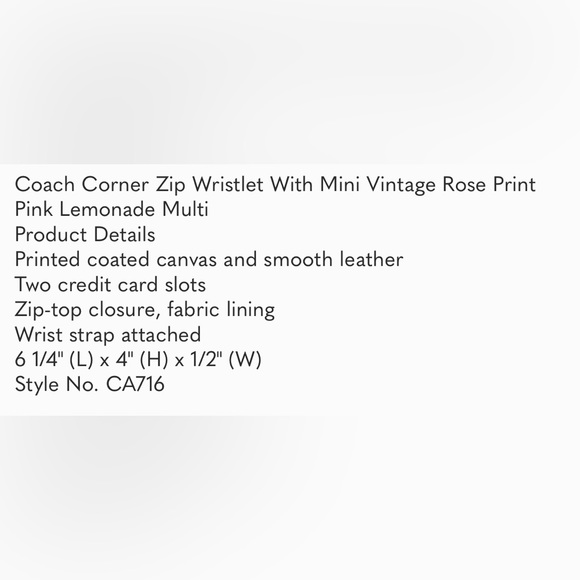 COPY - NWT - Coach Corner Zip Wristlet With Mini Vintage Rose Print Pink Lemona… - Picture 6 of 7